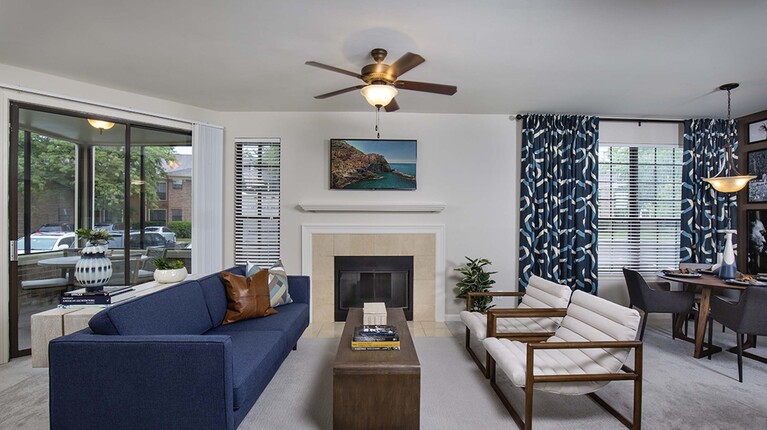 Spacious Living Room with Marble-Hearth Fireplace